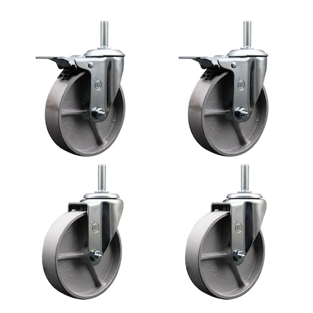 Service Caster 5 Inch Semi Steel Swivel 58 Inch Threaded Stem Caster Set 2 Total Lock Brakes SCC-TSTTL20S515-SSR-58212-2-S-2